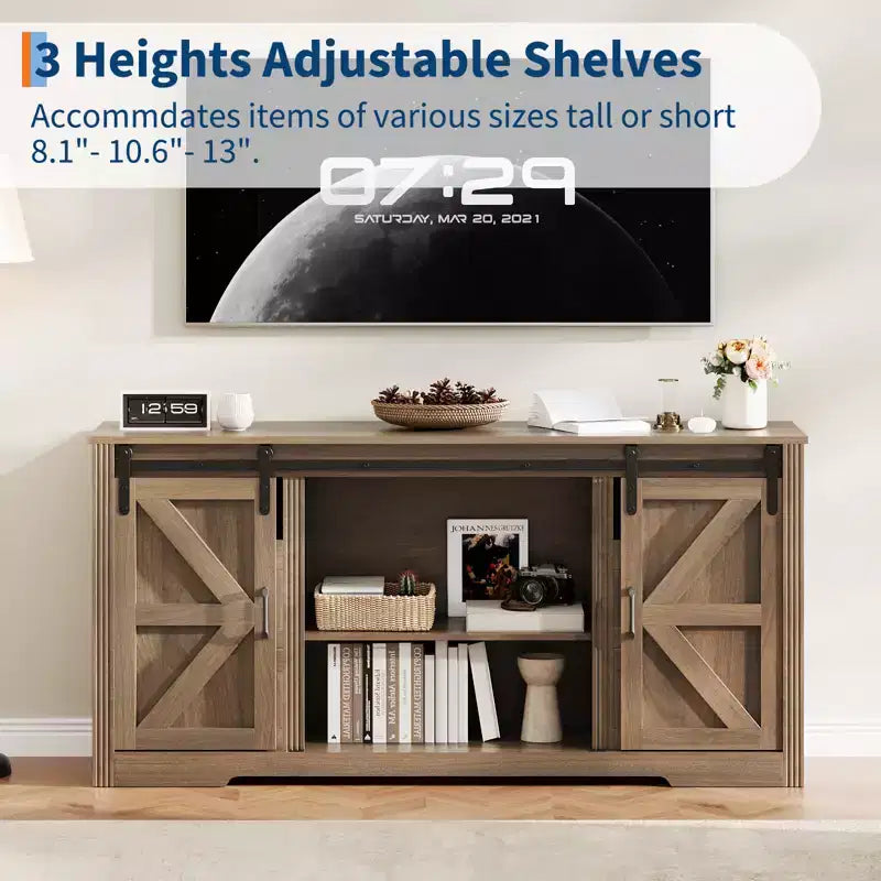 Farmhouse TV Stand for Up to 70 in TVs, 66 in Wood Entertainment Center with 4 Drawers, Sliding Barn Door & Storage Shelves for Living Room