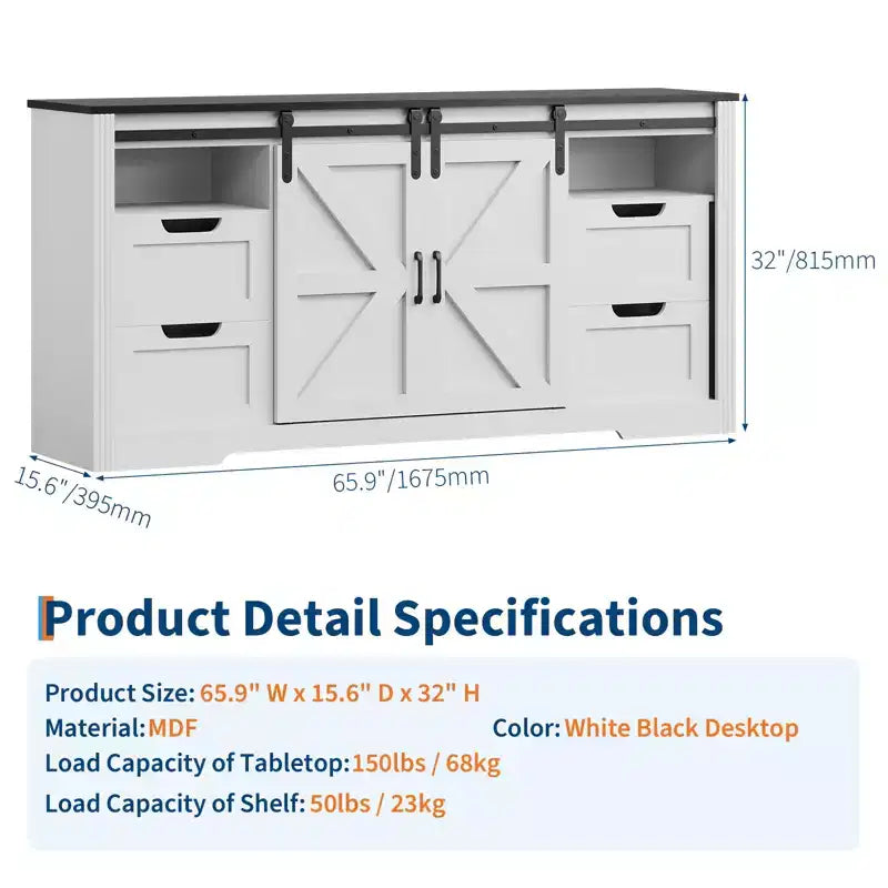 Farmhouse TV Stand for Up to 70 in TVs, 66 in Wood Entertainment Center with 4 Drawers, Sliding Barn Door & Storage Shelves for Living Room