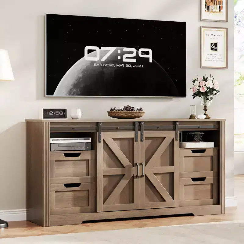 COZONY Farmhouse TV Stand for Up to 70 in TVs, 66 in Wood Entertainment Center with 4 Drawers, Sliding Barn Door & Storage Shelves for Living Room