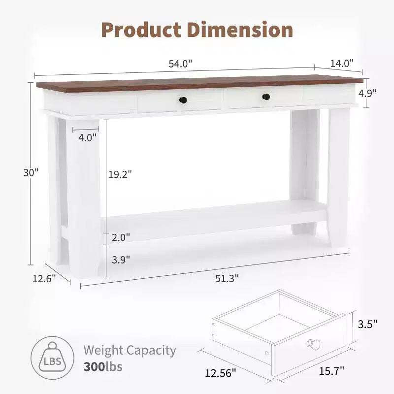 54-Inch 2-Drawer Console Table with Undershelf 2-Tier Modern Accent Table