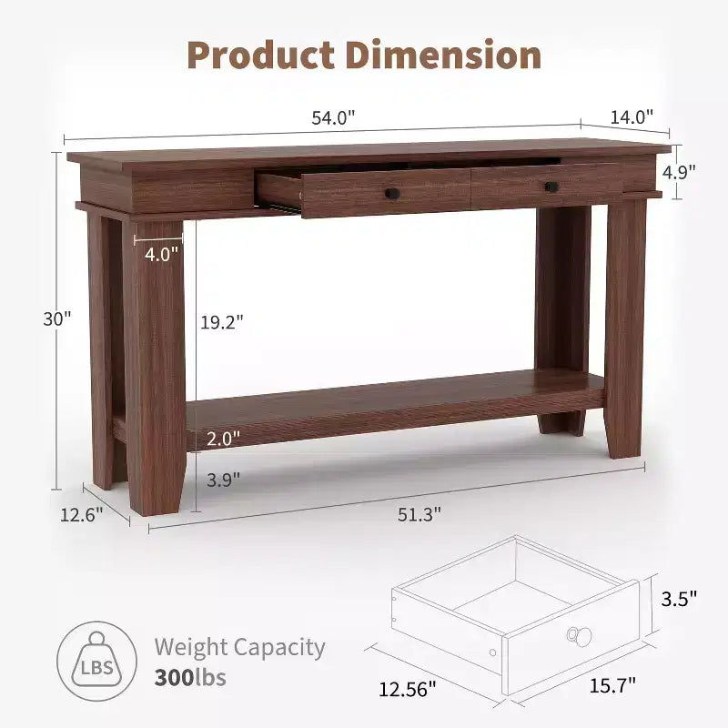 54-Inch 2-Drawer Console Table with Undershelf 2-Tier Modern Accent Table