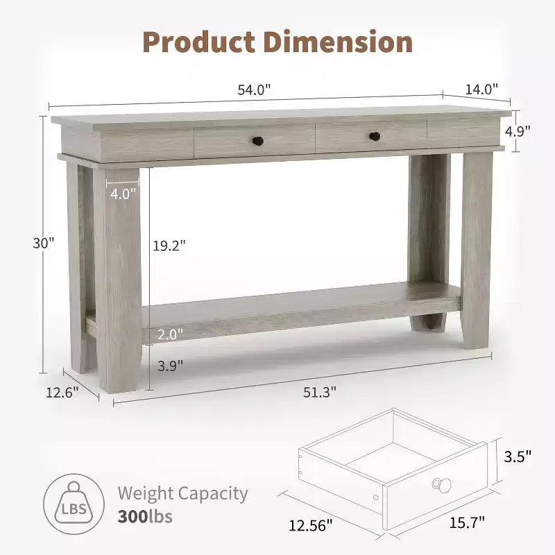 54-Inch 2-Drawer Console Table with Undershelf 2-Tier Modern Accent Table