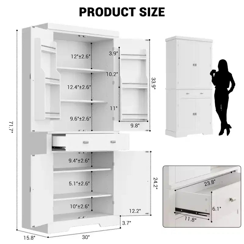 72 In chKitchen Pantry Cabinet,Pantry Storage Cabinet with 1 Drawer and 4 Doors, Adjustable Shelves,for Kitchen, Dining Room, white