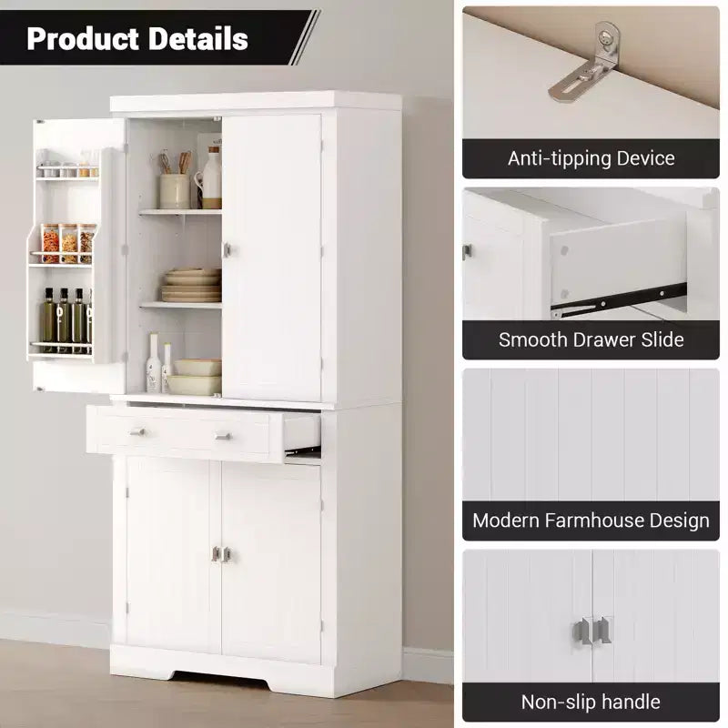 72 In chKitchen Pantry Cabinet,Pantry Storage Cabinet with 1 Drawer and 4 Doors, Adjustable Shelves,for Kitchen, Dining Room, white