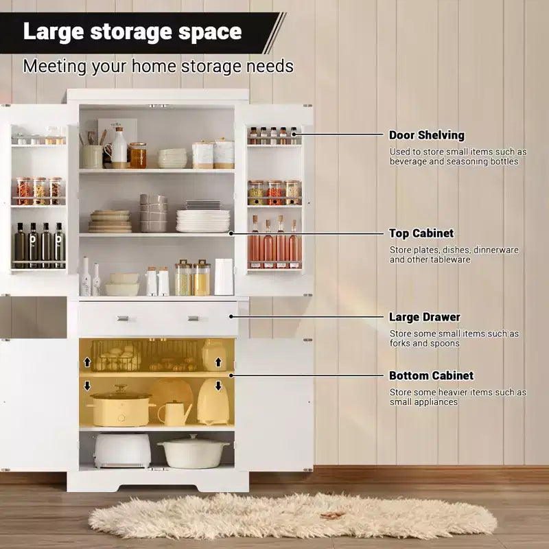 72 In chKitchen Pantry Cabinet,Pantry Storage Cabinet with 1 Drawer and 4 Doors, Adjustable Shelves,for Kitchen, Dining Room, white