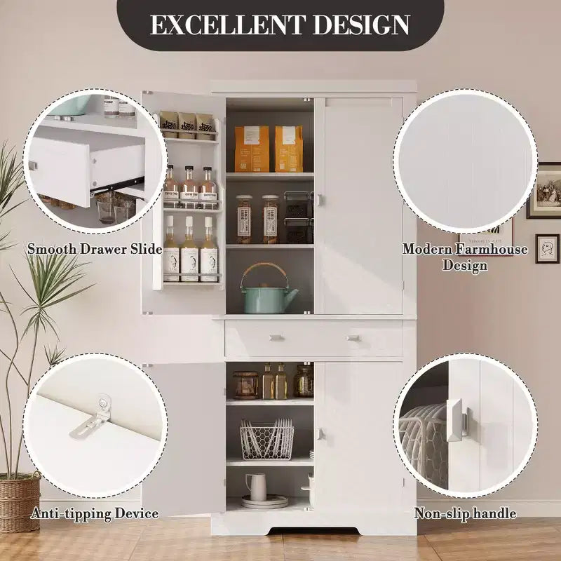 72 In chKitchen Pantry Cabinet,Pantry Storage Cabinet with 1 Drawer and 4 Doors, Adjustable Shelves,for Kitchen, Dining Room, white