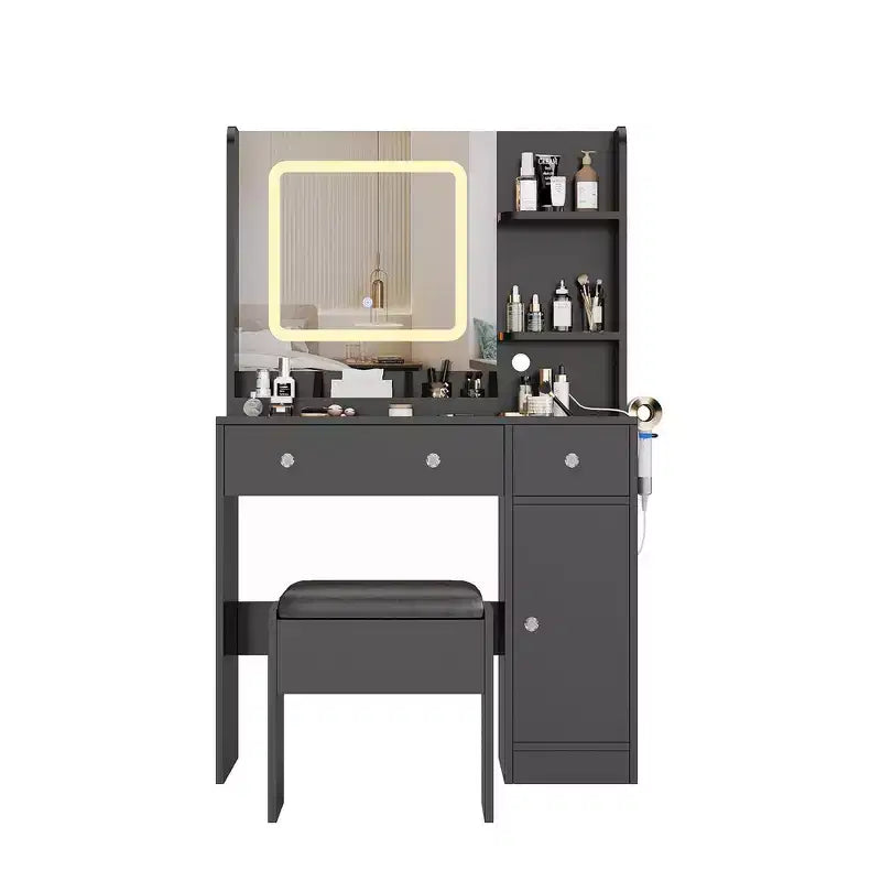 Vanity table with mirror, featuring a charging station, 3 drawers, 3 open shelves, and a cabinet. Ideal for bedrooms and makeup studios.