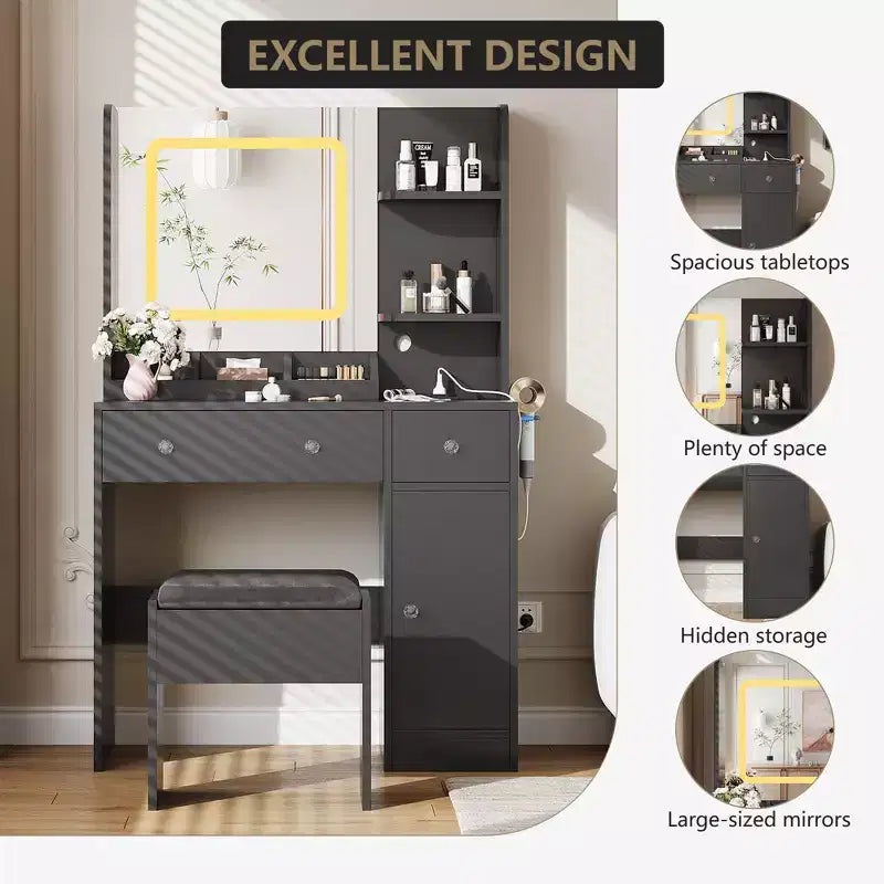 Coiffeuse avec miroir, comprenant une station de recharge, 3 tiroirs, 3 étagères ouvertes et une armoire. Idéale pour les chambres et les studios de maquillage.