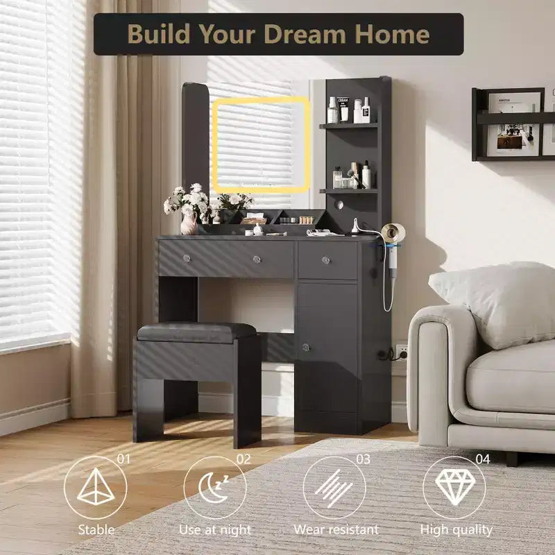 Coiffeuse avec miroir, comprenant une station de recharge, 3 tiroirs, 3 étagères ouvertes et une armoire. Idéale pour les chambres et les studios de maquillage.