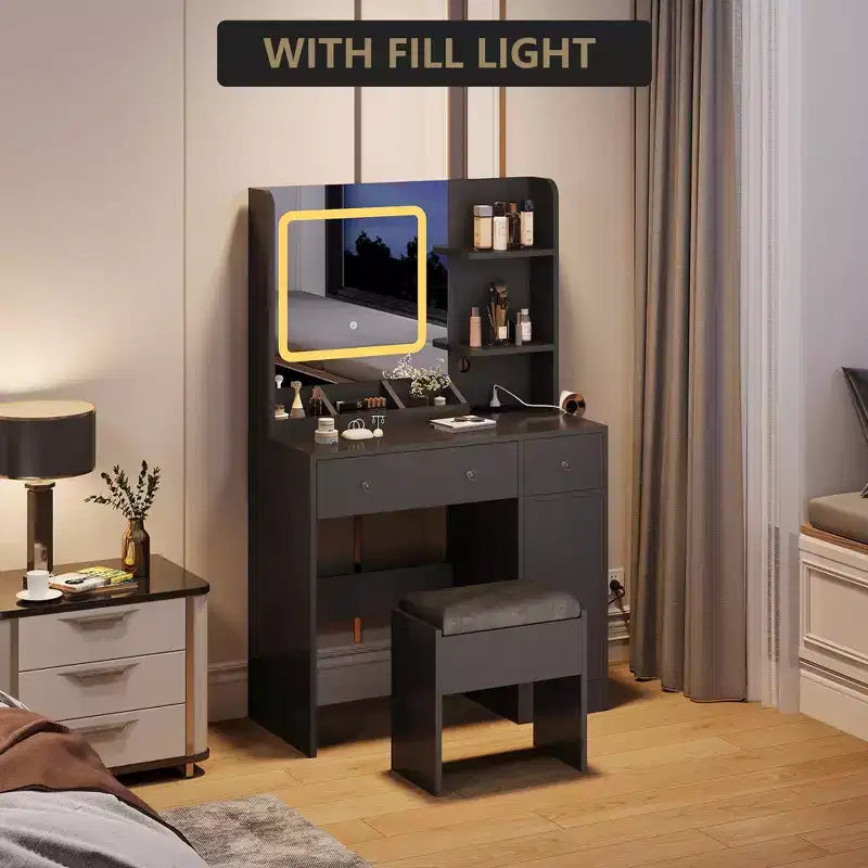 Vanity table with mirror, featuring a charging station, 3 drawers, 3 open shelves, and a cabinet. Ideal for bedrooms and makeup studios.