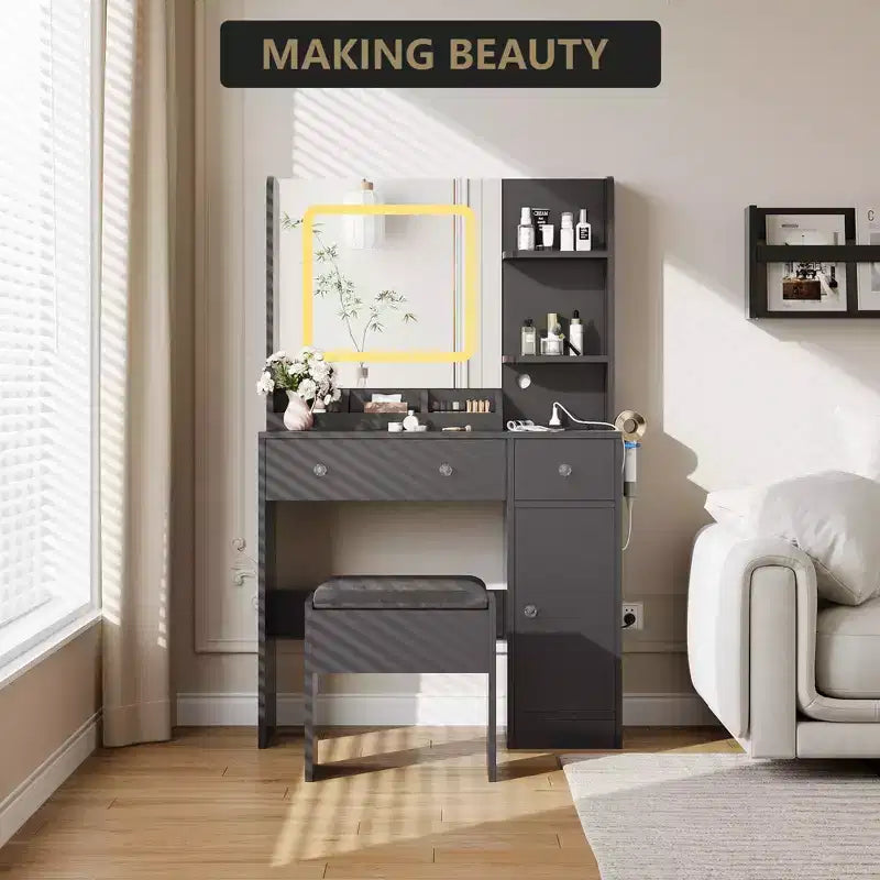 Vanity table with mirror, featuring a charging station, 3 drawers, 3 open shelves, and a cabinet. Ideal for bedrooms and makeup studios.