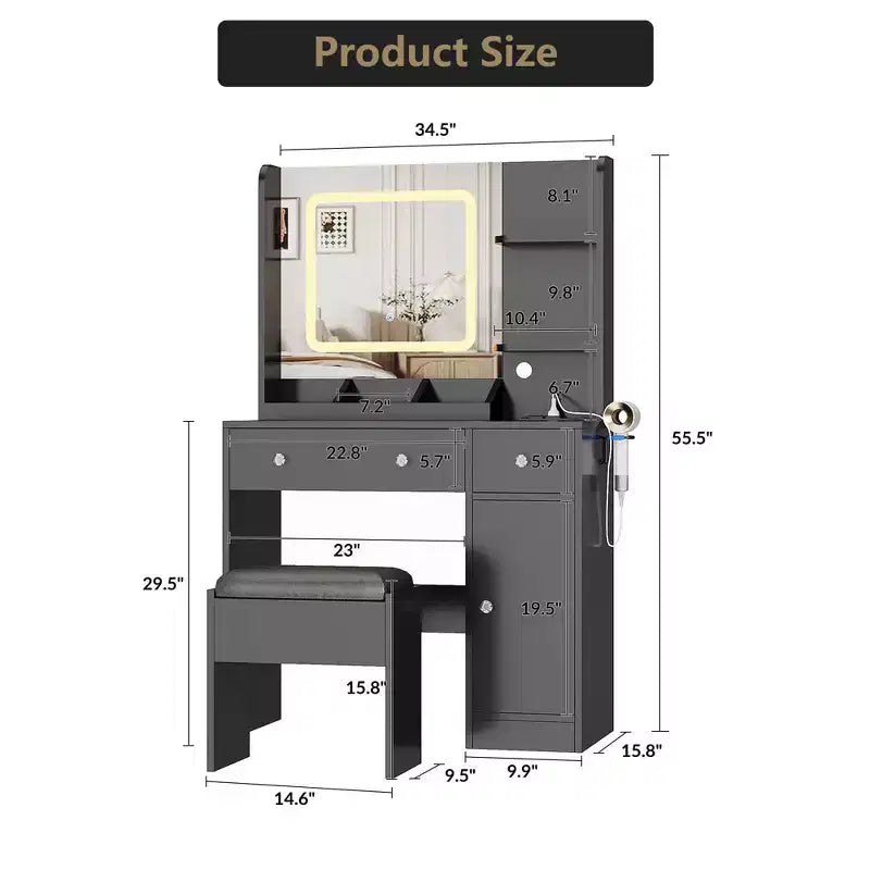 Vanity table with mirror, featuring a charging station, 3 drawers, 3 open shelves, and a cabinet. Ideal for bedrooms and makeup studios.