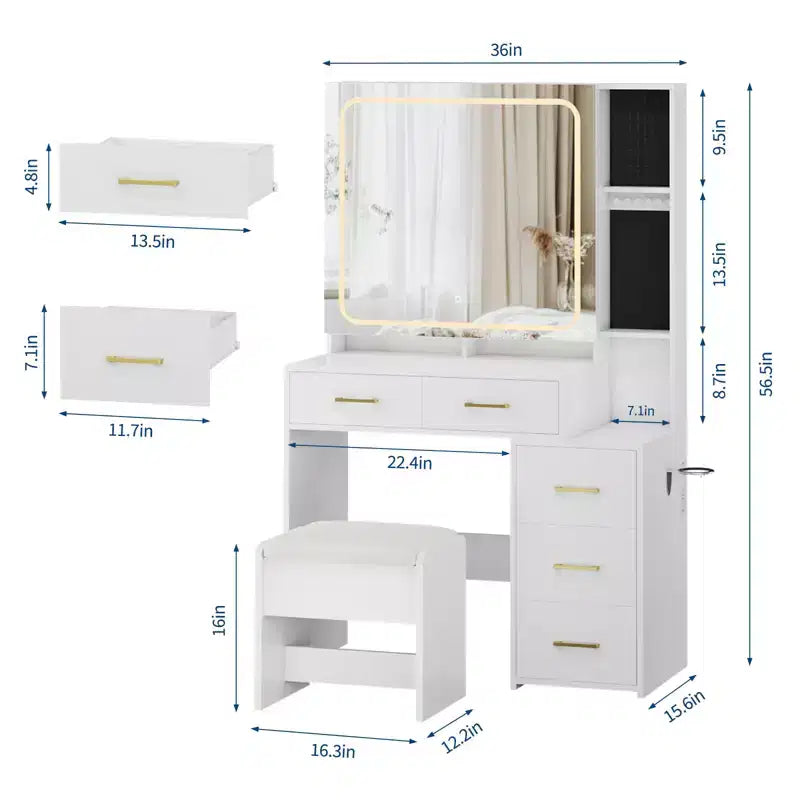 Sturdy Particle Board Vanity Desk Set - Stylish Dressing Table with Illuminated Smart Mirror, USB Socket & Ample Jewelry Storage Space