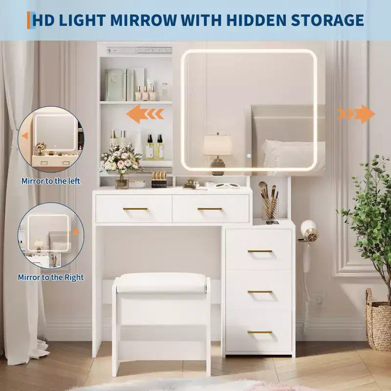 Sturdy Particle Board Vanity Desk Set - Stylish Dressing Table with Illuminated Smart Mirror, USB Socket & Ample Jewelry Storage Space