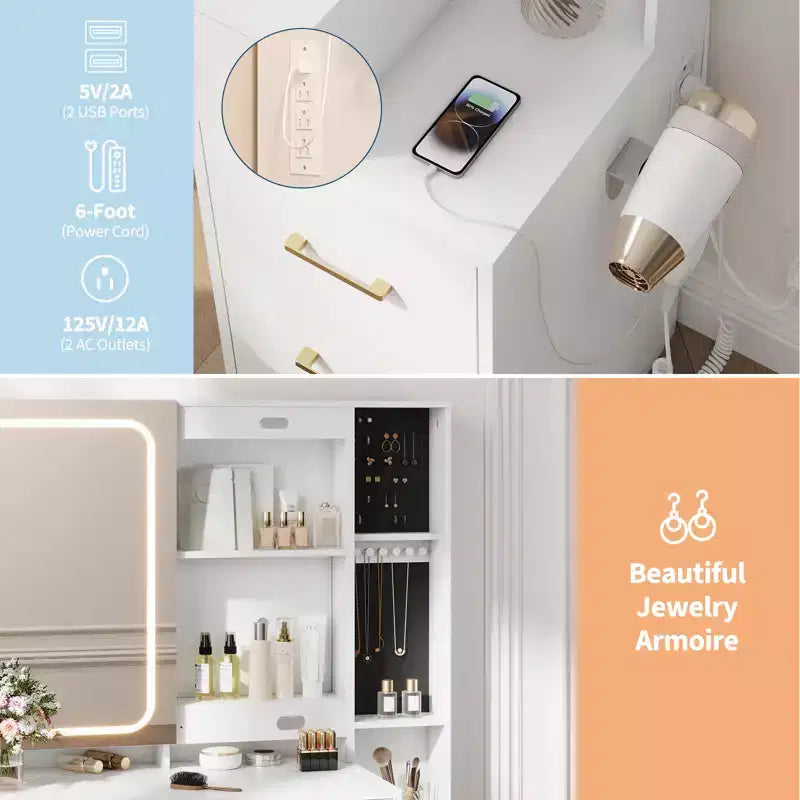 Sturdy Particle Board Vanity Desk Set - Stylish Dressing Table with Illuminated Smart Mirror, USB Socket & Ample Jewelry Storage Space