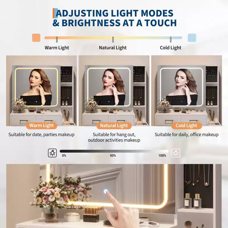 Sturdy Particle Board Vanity Desk Set - Stylish Dressing Table with Illuminated Smart Mirror, USB Socket & Ample Jewelry Storage Space