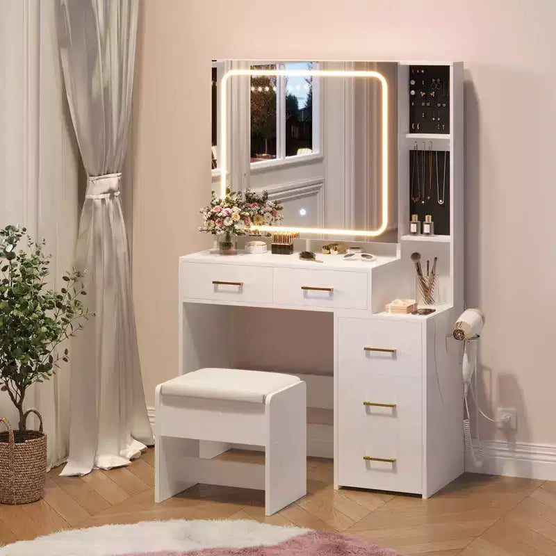 Sturdy Particle Board Vanity Desk Set - Stylish Dressing Table with Illuminated Smart Mirror, USB Socket & Ample Jewelry Storage Space