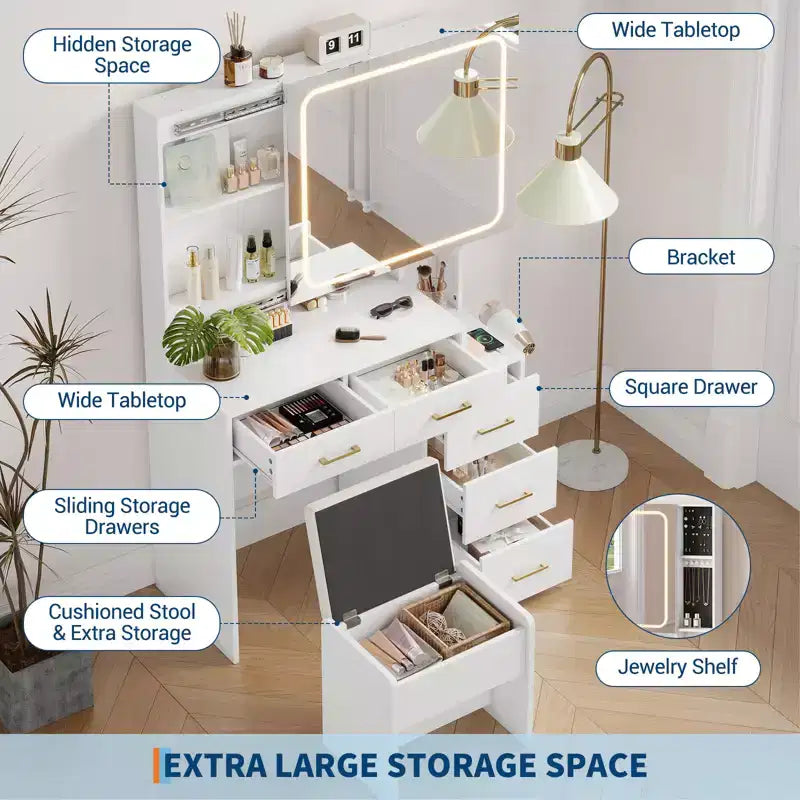 Sturdy Particle Board Vanity Desk Set - Stylish Dressing Table with Illuminated Smart Mirror, USB Socket & Ample Jewelry Storage Space