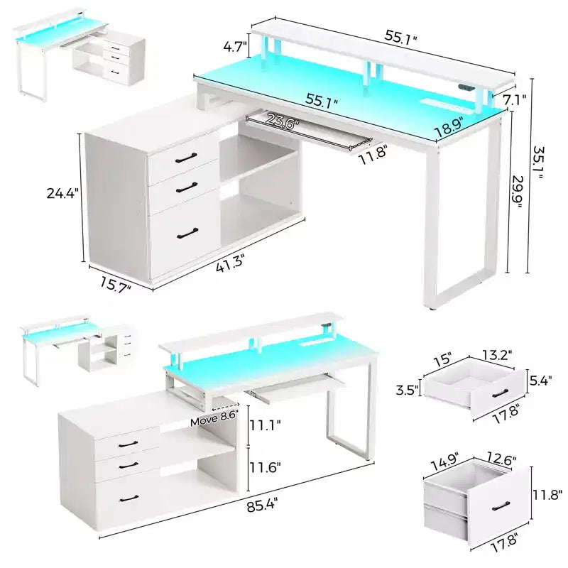 Modern L-shaped minimalist desk - with LED light & keyboard tray, open storage space, three storage drawers