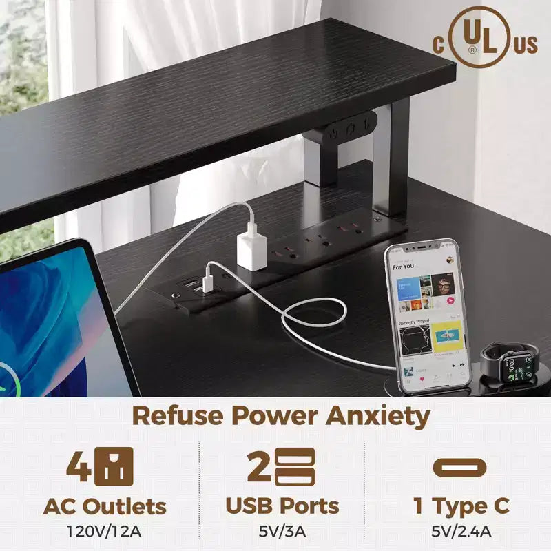 Bureau d'angle minimaliste moderne – avec lumière LED et tablette pour clavier, espace de rangement ouvert, trois tiroirs de rangement