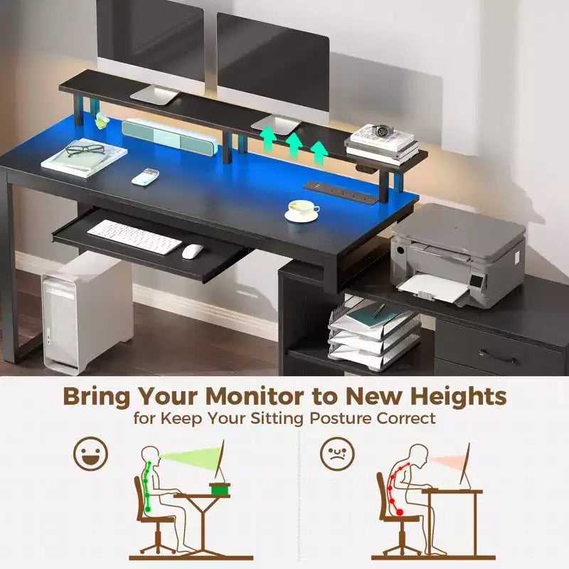 Bureau d'angle minimaliste moderne – avec lumière LED et tablette pour clavier, espace de rangement ouvert, trois tiroirs de rangement