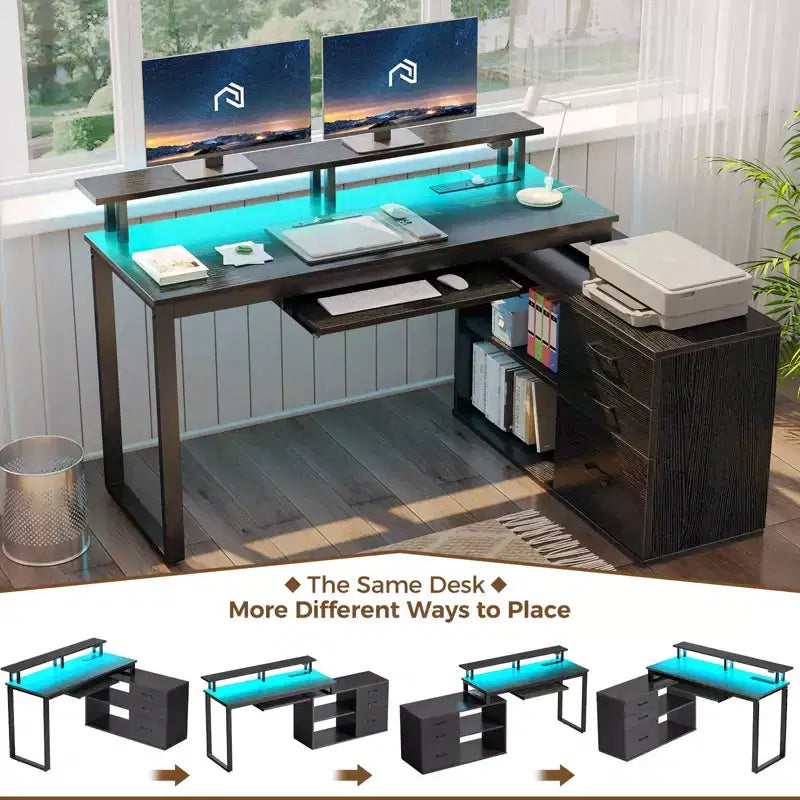 Bureau d'angle minimaliste moderne – avec lumière LED et tablette pour clavier, espace de rangement ouvert, trois tiroirs de rangement