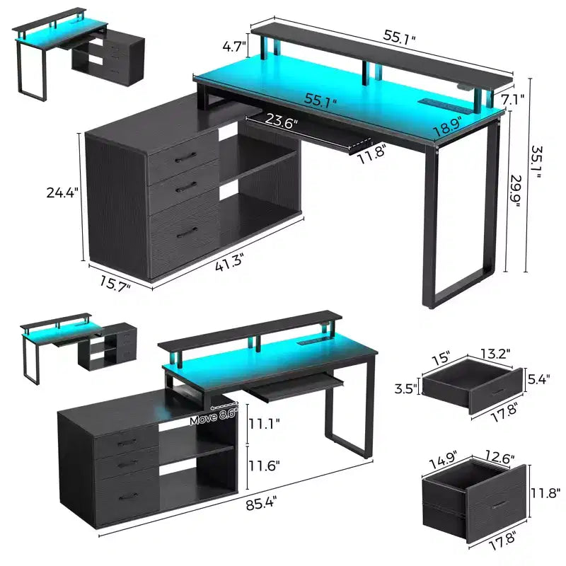 Bureau d'angle minimaliste moderne – avec lumière LED et tablette pour clavier, espace de rangement ouvert, trois tiroirs de rangement