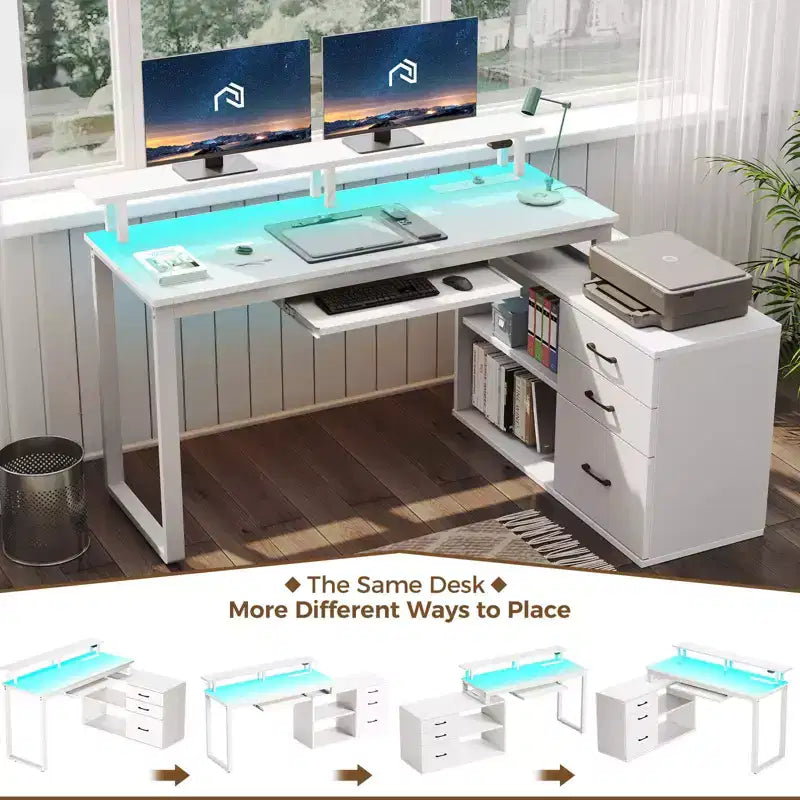 Modern L-shaped minimalist desk - with LED light & keyboard tray, open storage space, three storage drawers