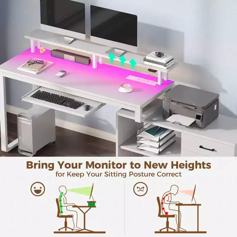 Modern L-shaped minimalist desk - with LED light & keyboard tray, open storage space, three storage drawers