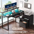 Greenstell Modern L-shaped minimalist desk - with LED light & keyboard tray, open storage space, three storage drawers