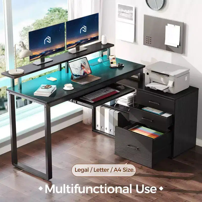 Greenstell Modern L-shaped minimalist desk - with LED light & keyboard tray, open storage space, three storage drawers