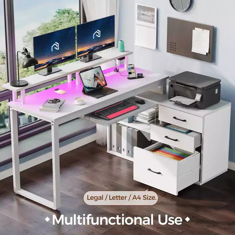 Bureau d'angle minimaliste moderne – avec lumière LED et tablette pour clavier, espace de rangement ouvert, trois tiroirs de rangement