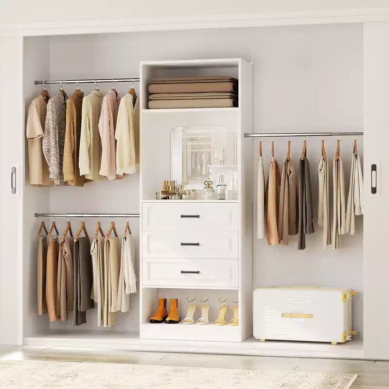 Freestanding Closet System with Hanging Rods and Mirror, Walk-In Wooden Closet Storage with Drawer