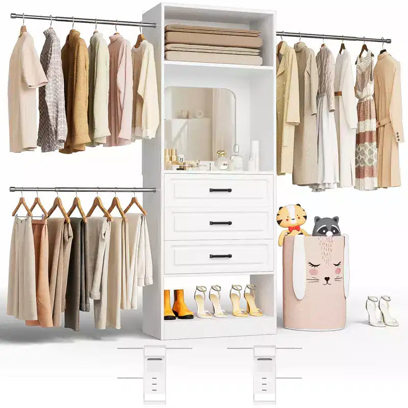 Freestanding Closet System with Hanging Rods and Mirror, Walk-In Wooden Closet Storage with Drawer