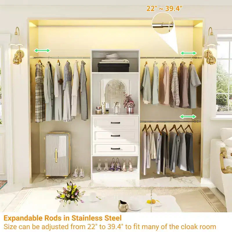 Freestanding Closet System with Hanging Rods and Mirror, Walk-In Wooden Closet Storage with Drawer