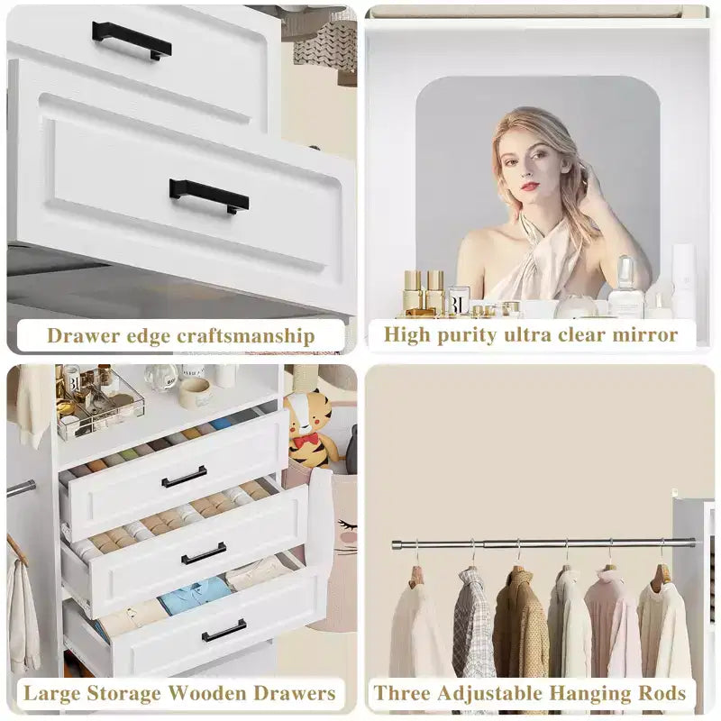 Freestanding Closet System with Hanging Rods and Mirror, Walk-In Wooden Closet Storage with Drawer