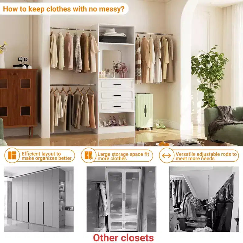 Freestanding Closet System with Hanging Rods and Mirror, Walk-In Wooden Closet Storage with Drawer