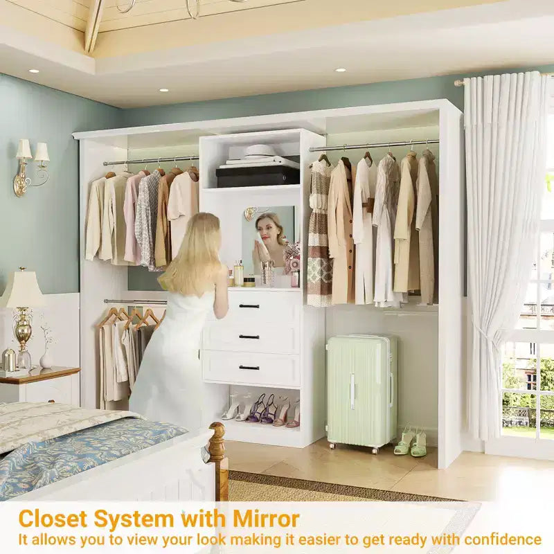 Freestanding Closet System with Hanging Rods and Mirror, Walk-In Wooden Closet Storage with Drawer