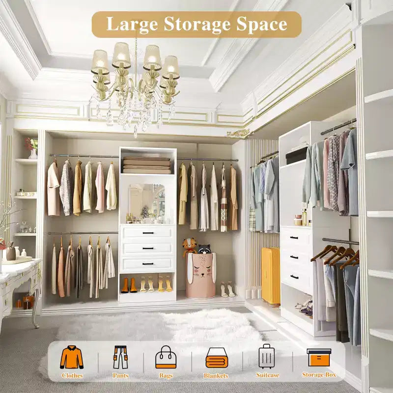 Freestanding Closet System with Hanging Rods and Mirror, Walk-In Wooden Closet Storage with Drawer