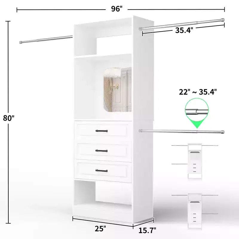 Freestanding Closet System with Hanging Rods and Mirror, Walk-In Wooden Closet Storage with Drawer