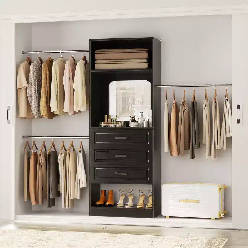 Freestanding Closet System with Hanging Rods and Mirror, Walk-In Wooden Closet Storage with Drawer