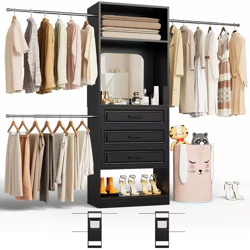 Freestanding Closet System with Hanging Rods and Mirror, Walk-In Wooden Closet Storage with Drawer