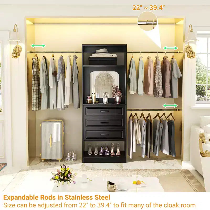 Freestanding Closet System with Hanging Rods and Mirror, Walk-In Wooden Closet Storage with Drawer
