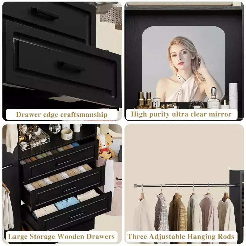 Freestanding Closet System with Hanging Rods and Mirror, Walk-In Wooden Closet Storage with Drawer