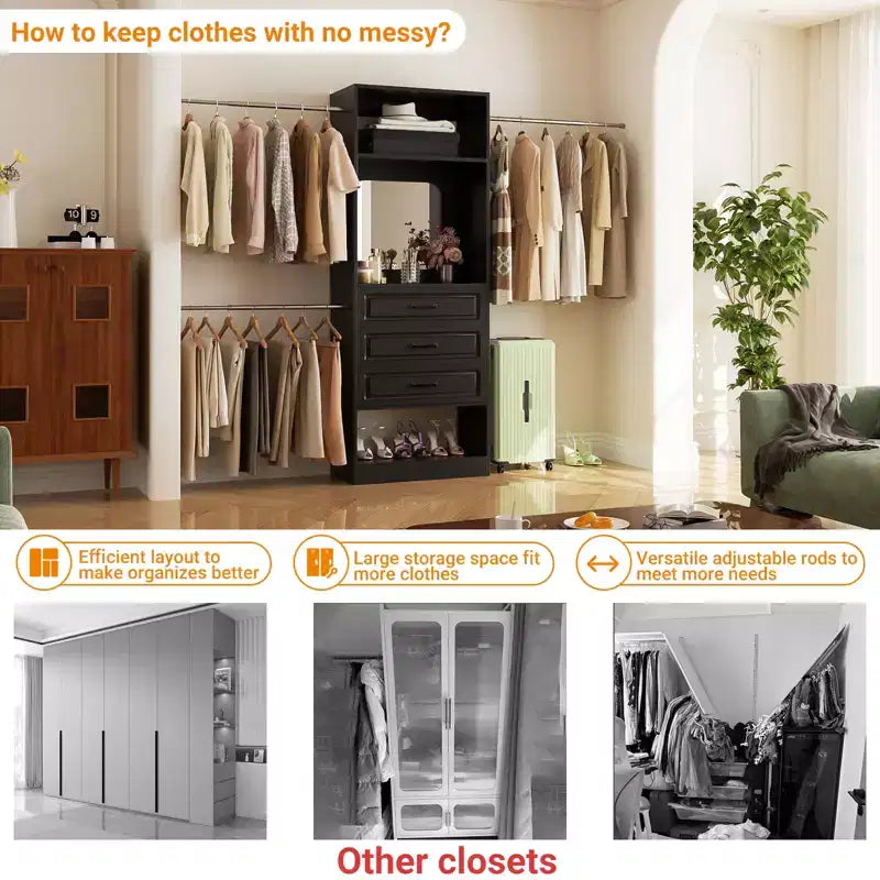Freestanding Closet System with Hanging Rods and Mirror, Walk-In Wooden Closet Storage with Drawer