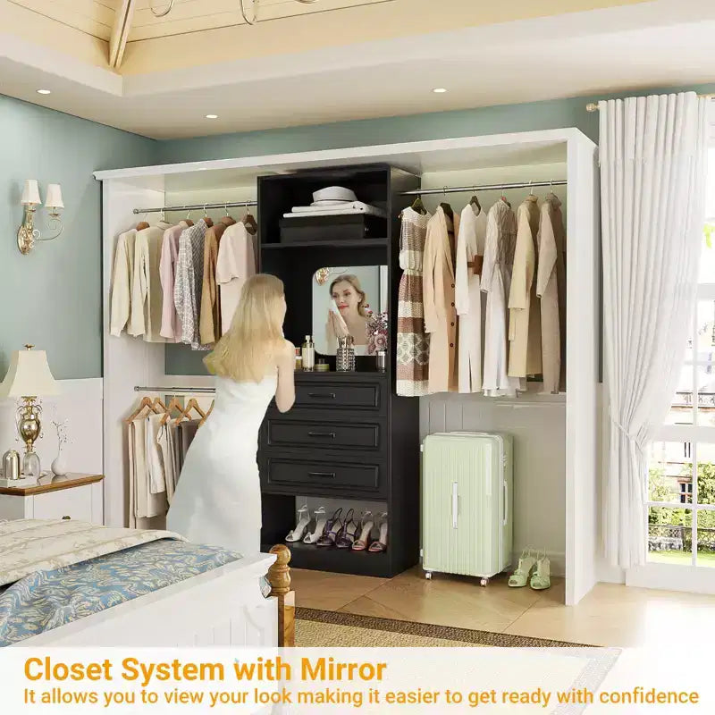 Freestanding Closet System with Hanging Rods and Mirror, Walk-In Wooden Closet Storage with Drawer
