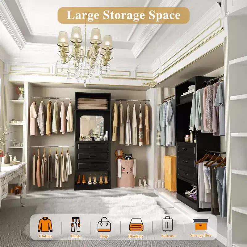 Freestanding Closet System with Hanging Rods and Mirror, Walk-In Wooden Closet Storage with Drawer