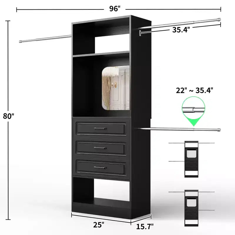 Freestanding Closet System with Hanging Rods and Mirror, Walk-In Wooden Closet Storage with Drawer