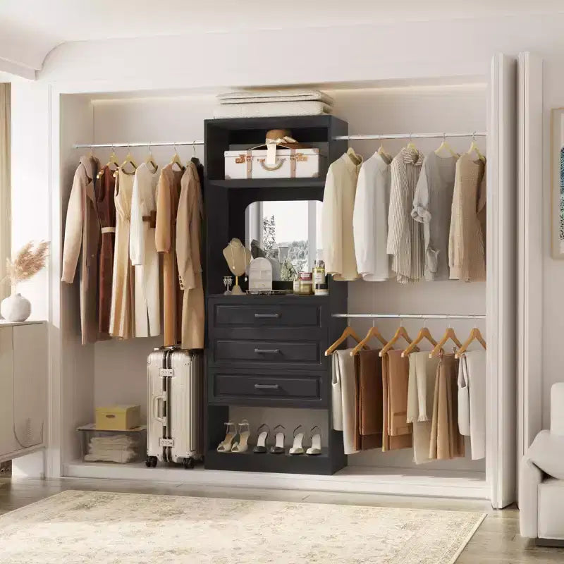 Besiost Freestanding Closet System with Hanging Rods and Mirror, Walk-In Wooden Closet Storage with Drawer