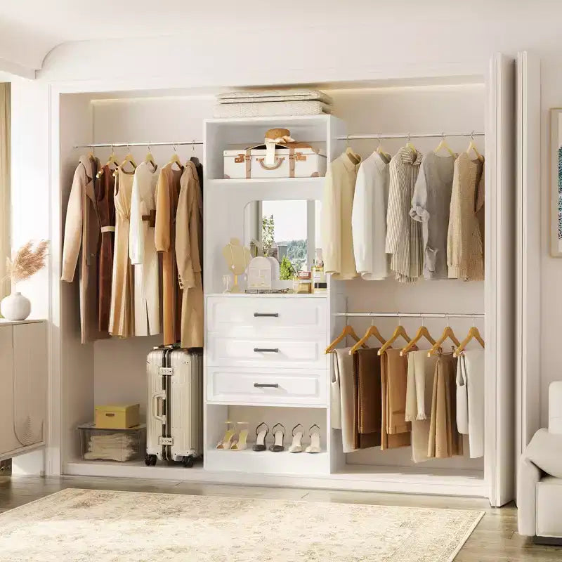 Freestanding Closet System with Hanging Rods and Mirror, Walk-In Wooden Closet Storage with Drawer
